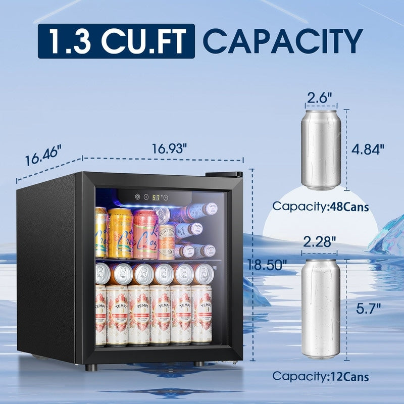 Réfrigérateur à boissons de 1,3 pi³ - Mini réfrigérateur à porte vitrée, capacité de 48 canettes ou 12 bouteilles, contrôle électronique tactile