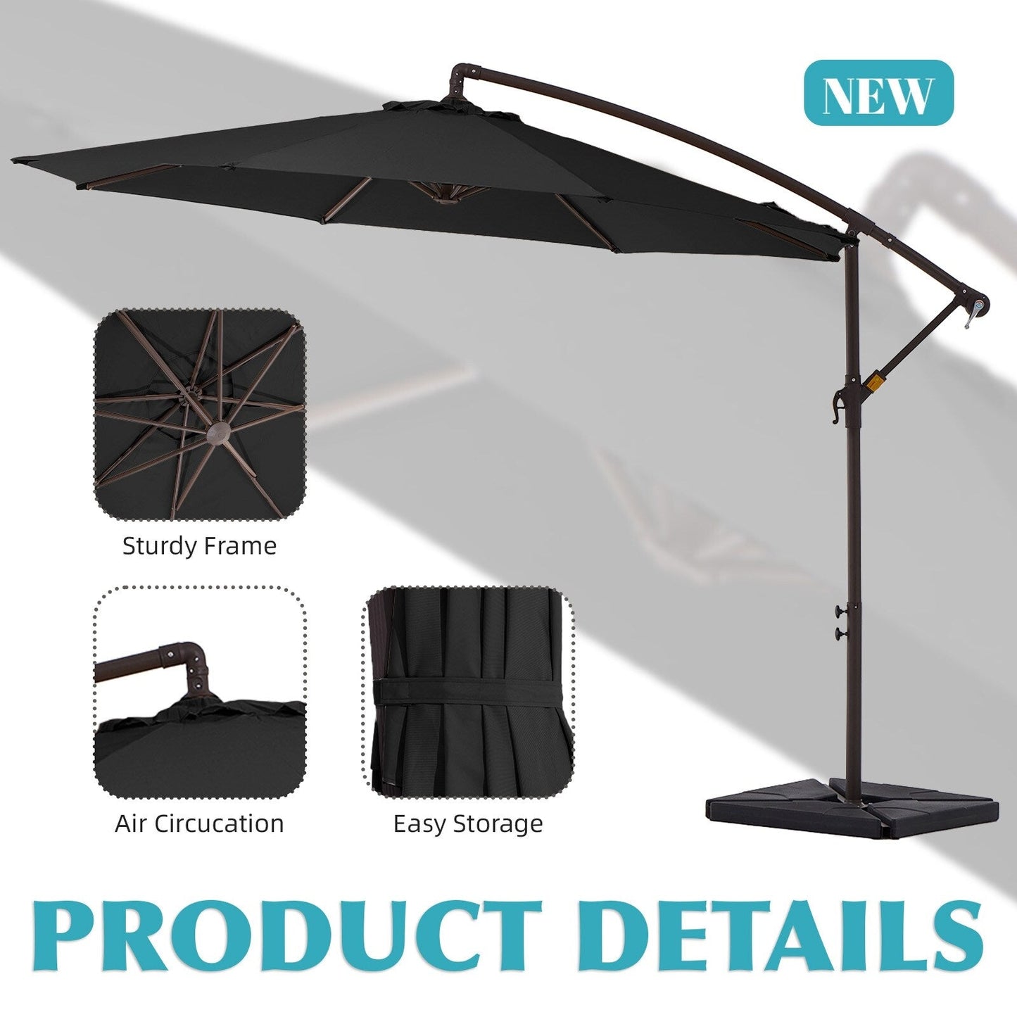 Parasol cantilever en acier de 3 m avec levier de manivelle et base lestée