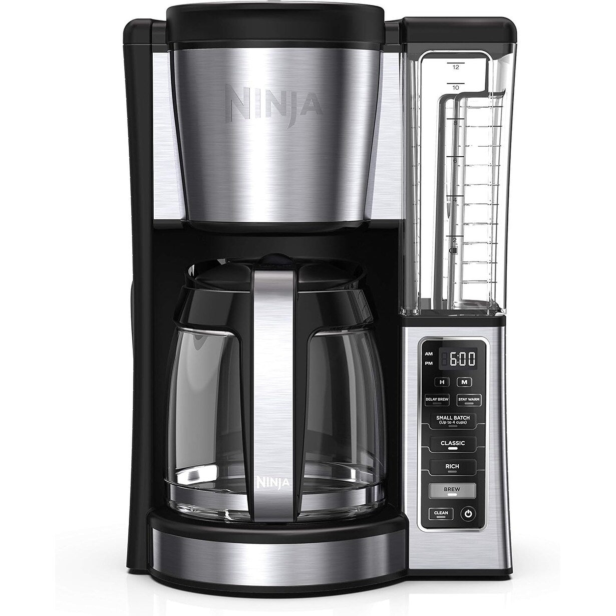 Machine à café programmable 12 tasses, 2 modes de préparation, plaque chauffante réglable, réservoir de 60 oz, fonction de préparation différée, acier inoxydable noir.