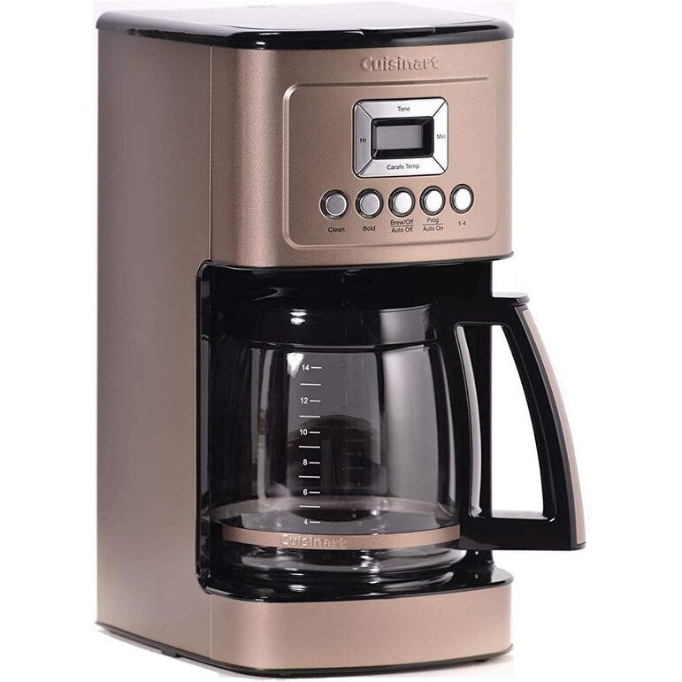 Cafetière automatique 14 tasses, carafe en verre, contrôle de la force du café, réglage 1 à 4 tasses, couleur acier inoxydable brun foncé.