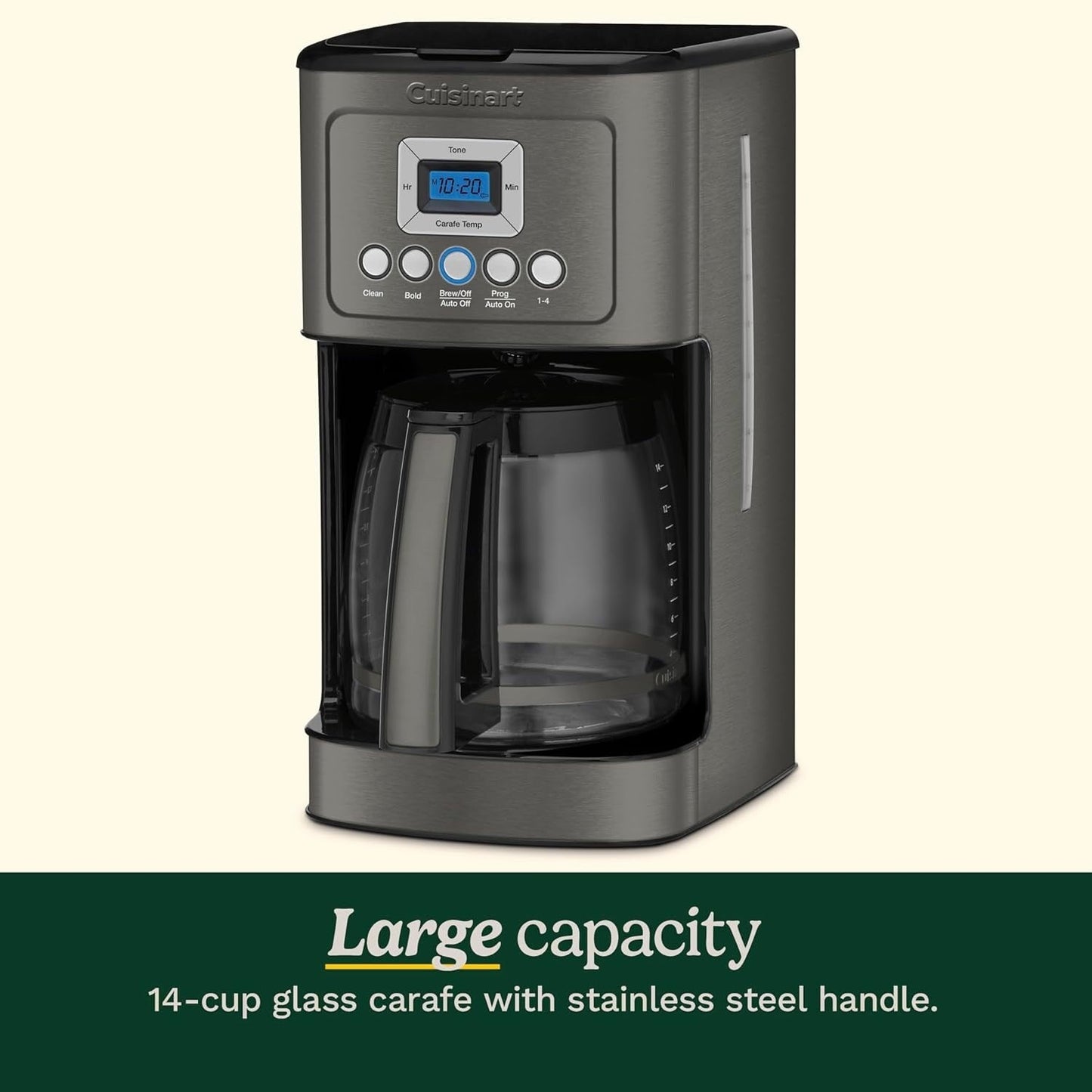 Cafetière programmable 14 tasses, carafe en verre, contrôle de la force du café, réglage 1-4 tasses, acier inoxydable noir.