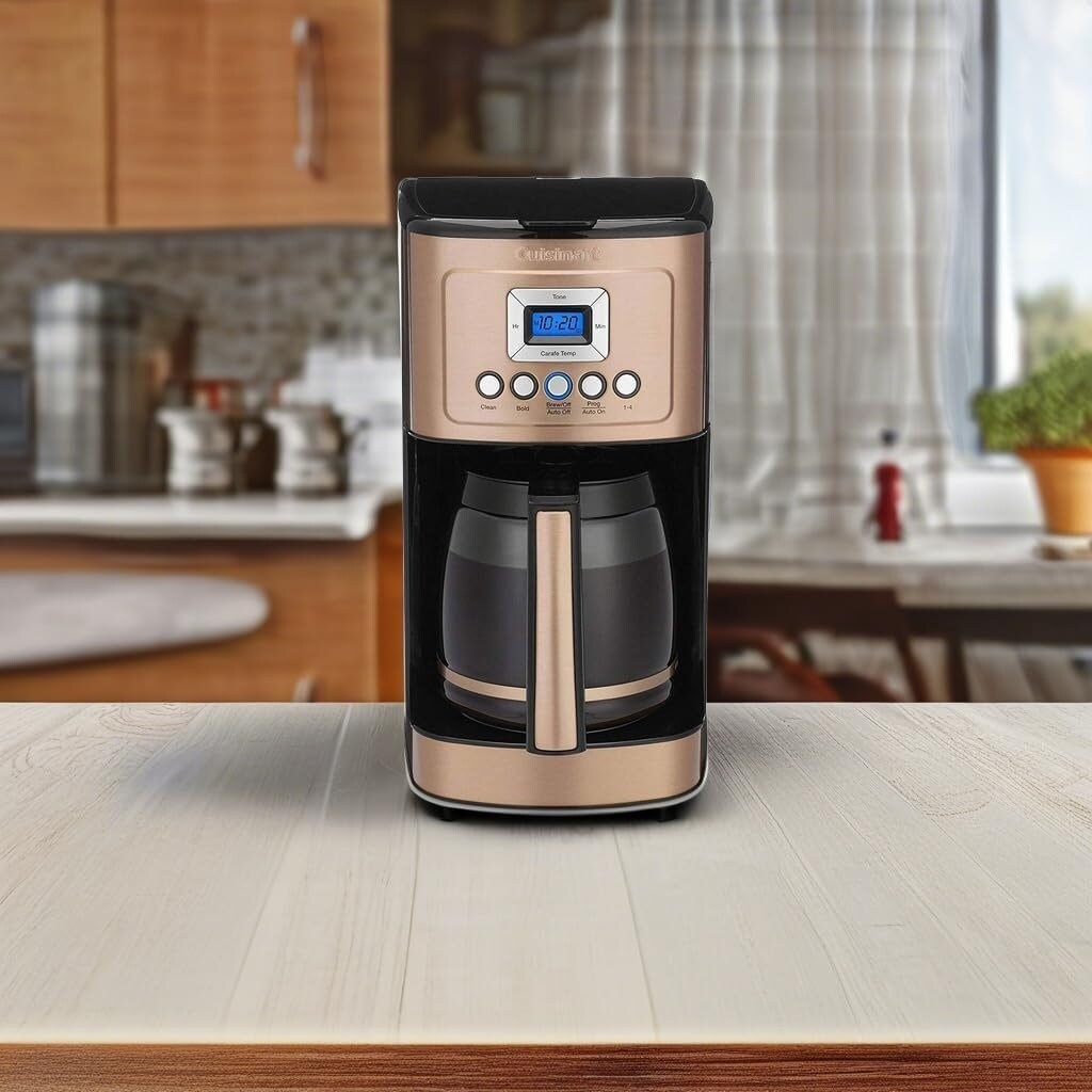 Machine à café programmable 14 tasses, carafe en verre, contrôle de la force du café, réglage 1-4 tasses, cuivre