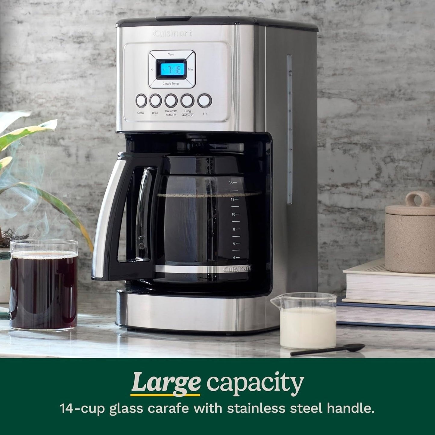 Machine à café programmable 14 tasses, carafe en verre, contrôle de la force du café, réglage 1 à 4 tasses, acier inoxydable