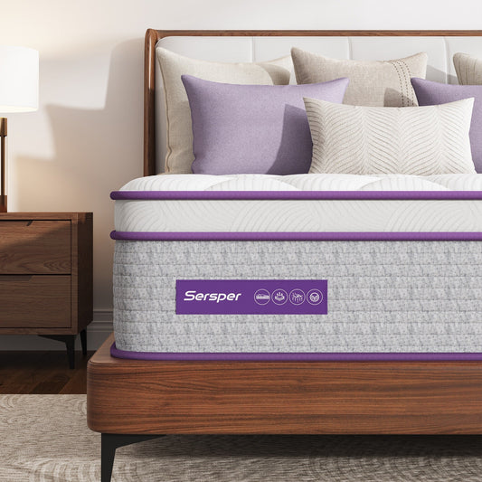Matelas de 35 cm (14 pouces), matelas hybride en mousse à mémoire de forme et ressorts ensachés, matelas de fermeté moyenne, tailles Queen et King en option.
