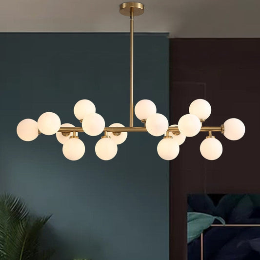 Luminaire suspendu linéaire à 16 lumières, style moderne du milieu du siècle, en laiton doré, avec globe en verre dépoli, 102 cm (40 po) pour salle à manger