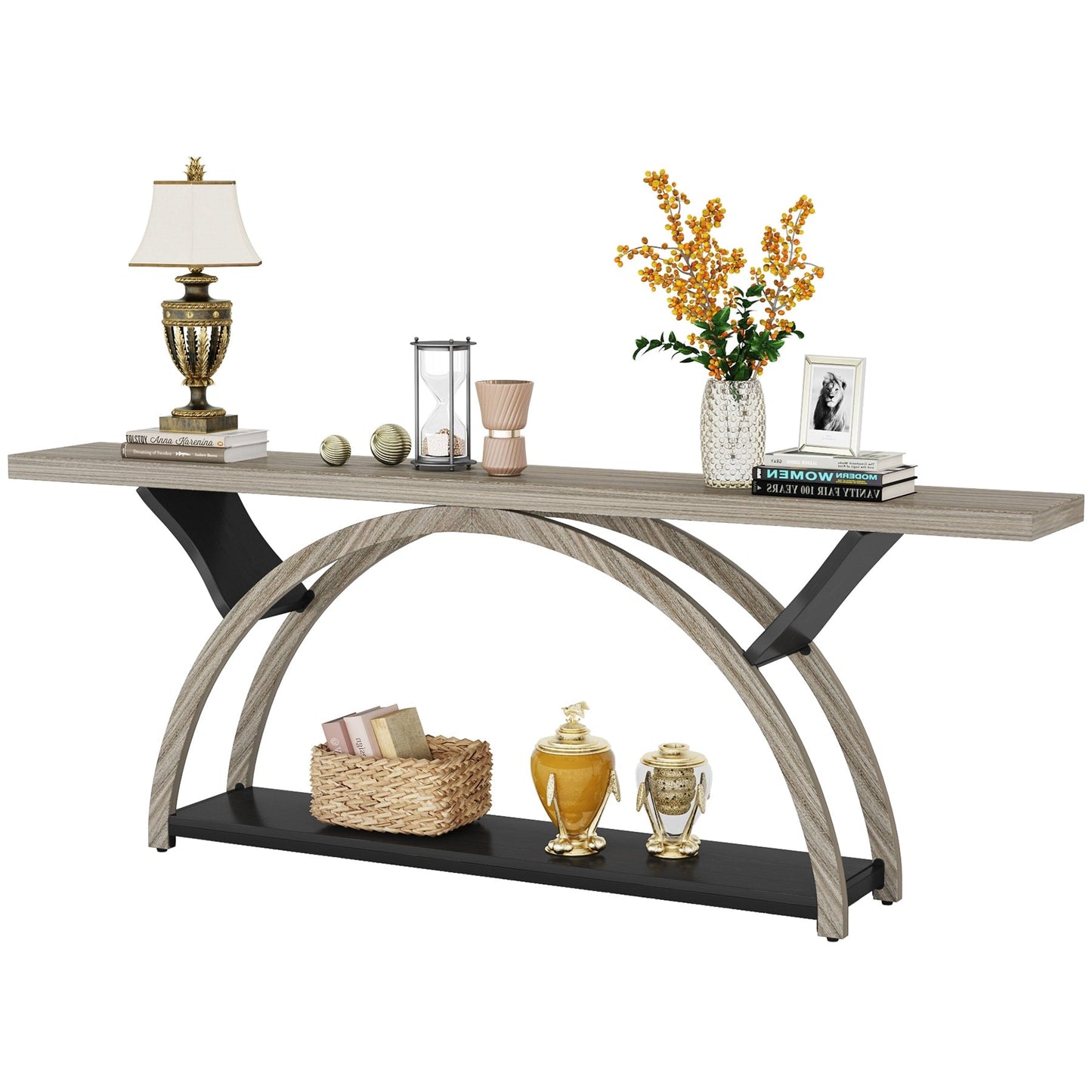 Table de console étroite et longue à 2 niveaux avec cadre semi-circulaire pour entrée, tables d'appoint de couloir grises