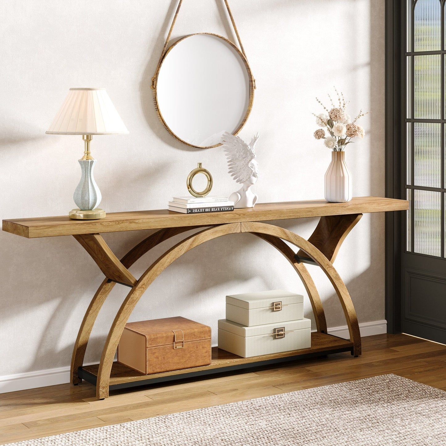 Table de console étroite et longue à 2 niveaux avec cadre semi-circulaire pour entrée, tables d'appoint de couloir grises