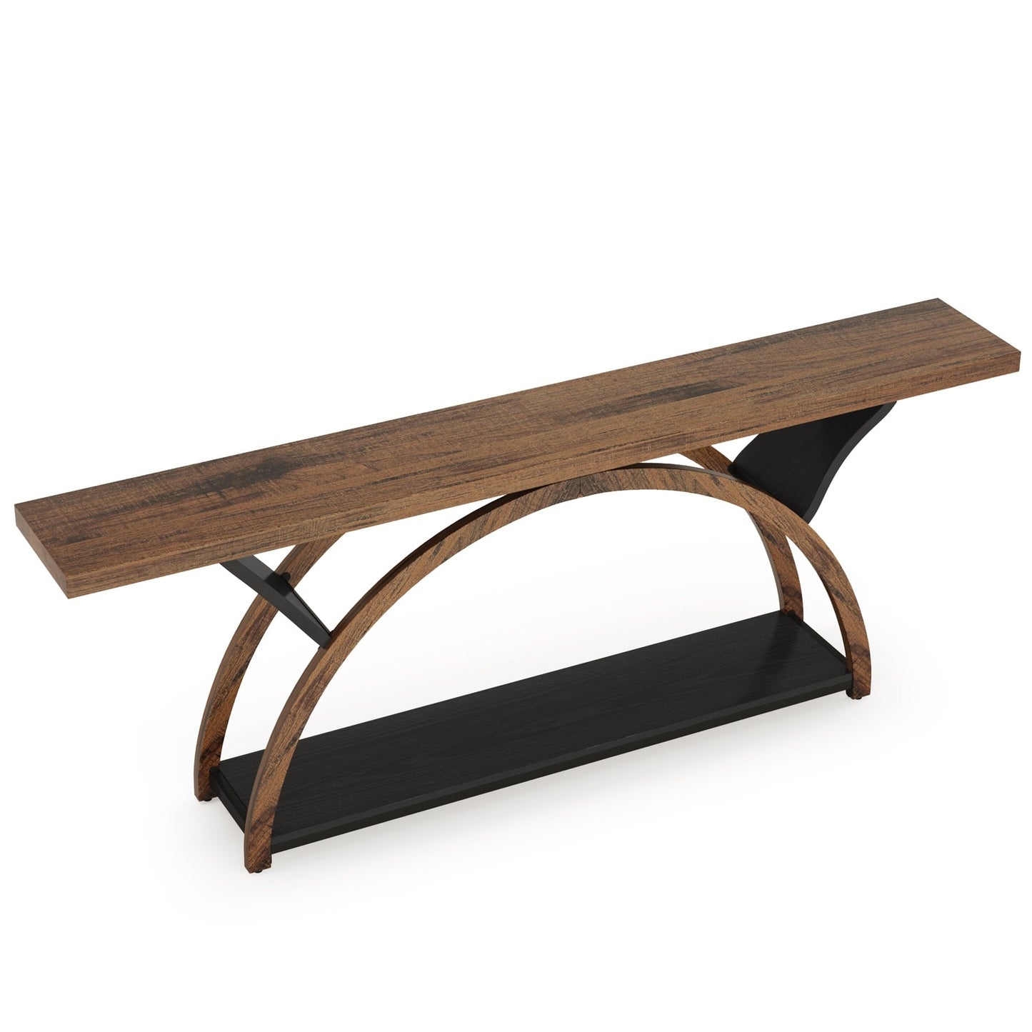 Table de console étroite et longue à 2 niveaux avec cadre semi-circulaire pour entrée, tables d'appoint de couloir grises