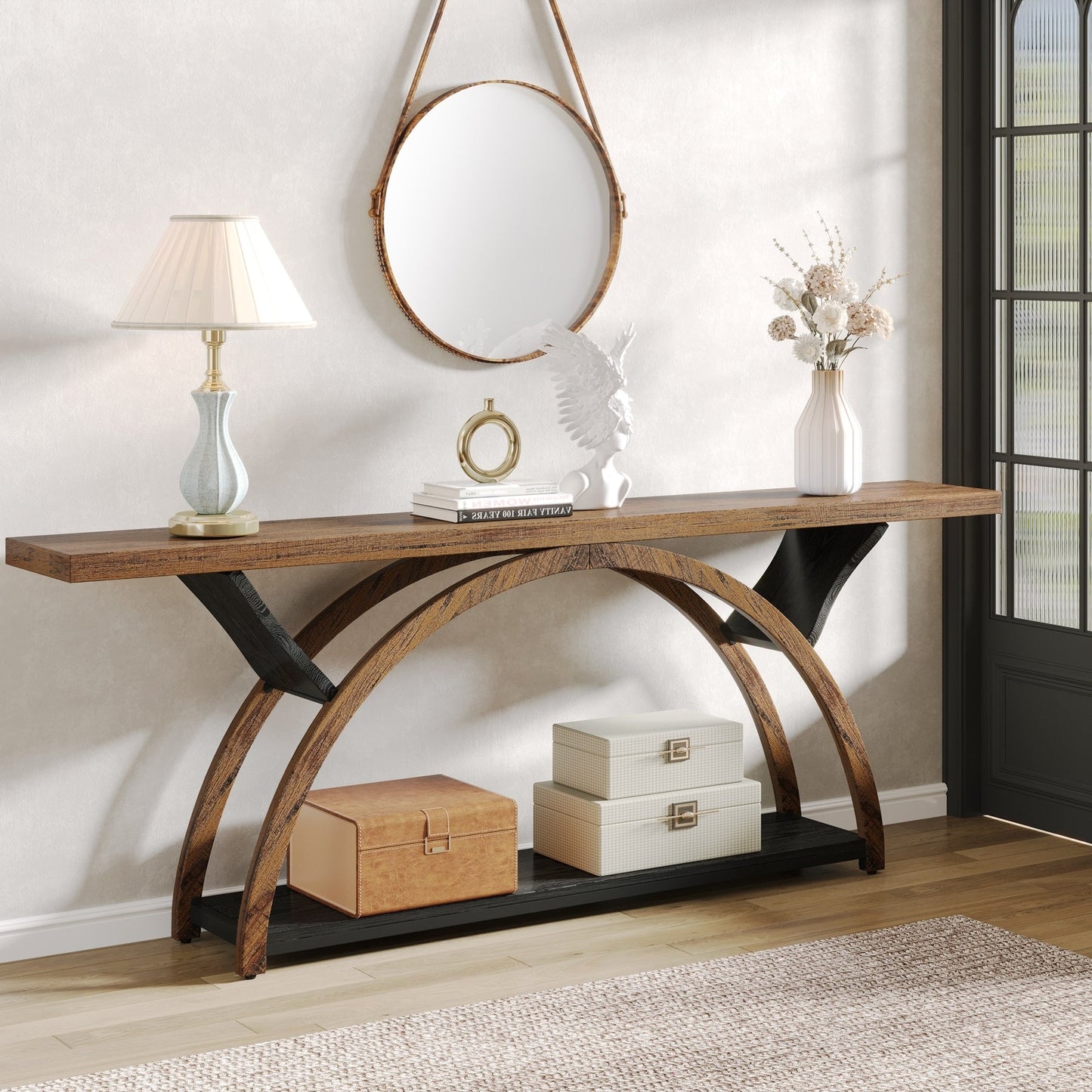 Table de console étroite et longue à 2 niveaux avec cadre semi-circulaire pour entrée, tables d'appoint de couloir grises