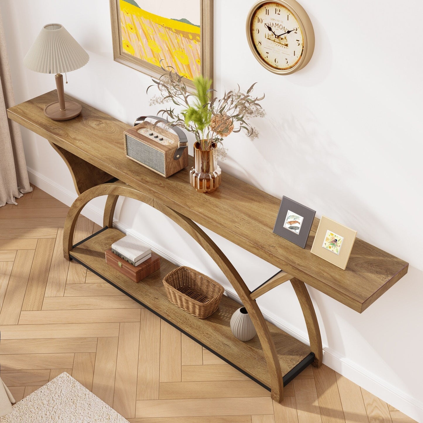 Table de console étroite et longue à 2 niveaux avec cadre semi-circulaire pour entrée, tables d'appoint de couloir grises