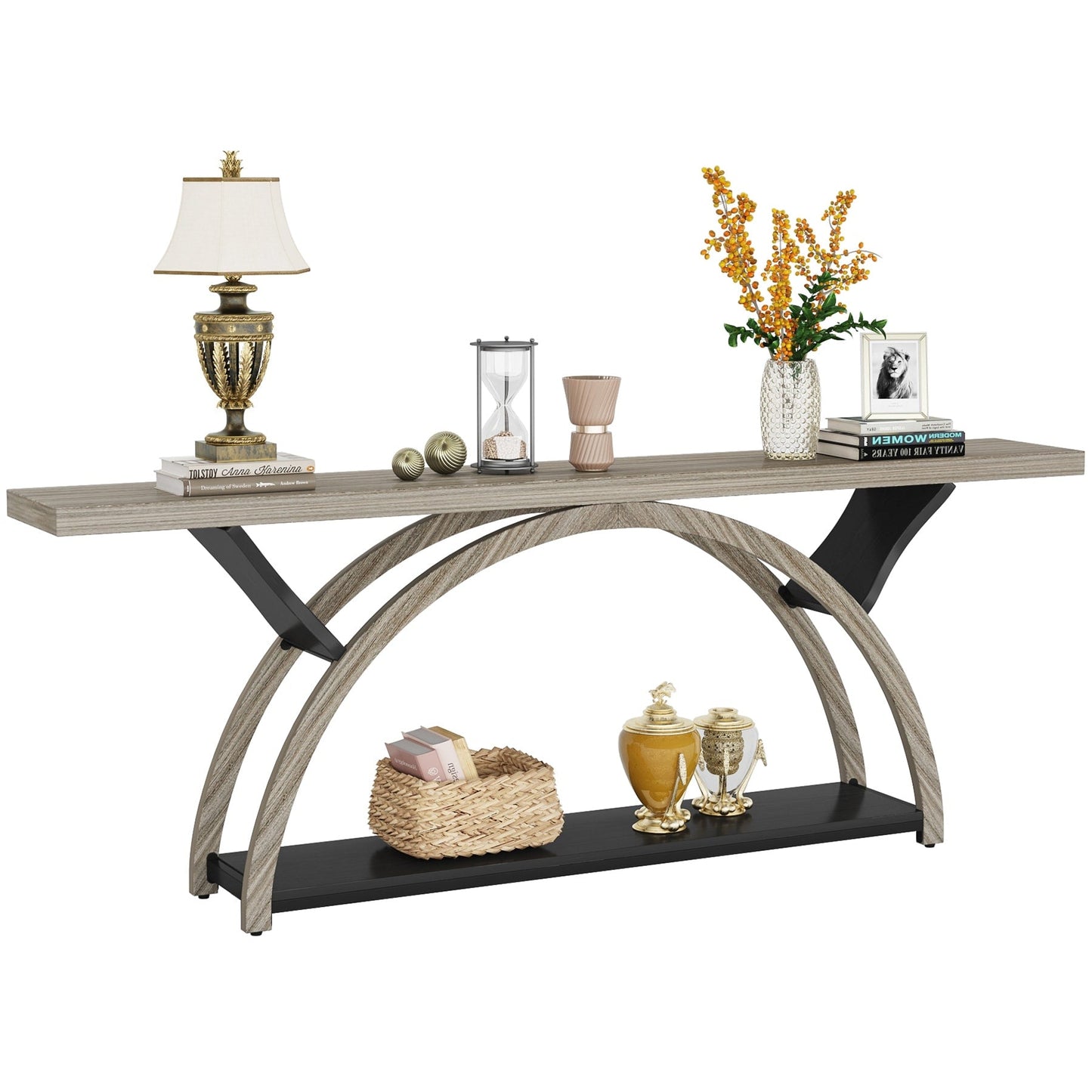 Table de console étroite et longue à 2 niveaux avec cadre semi-circulaire pour entrée, tables d'appoint de couloir grises