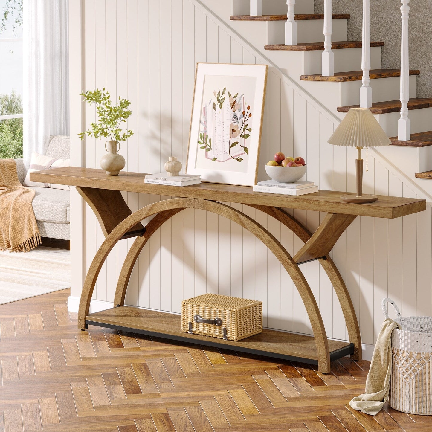 Table de console étroite et longue à 2 niveaux avec cadre semi-circulaire pour entrée, tables d'appoint de couloir grises