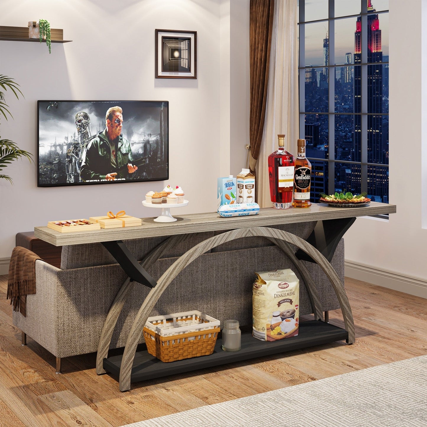 Table de console étroite et longue à 2 niveaux avec cadre semi-circulaire pour entrée, tables d'appoint de couloir grises