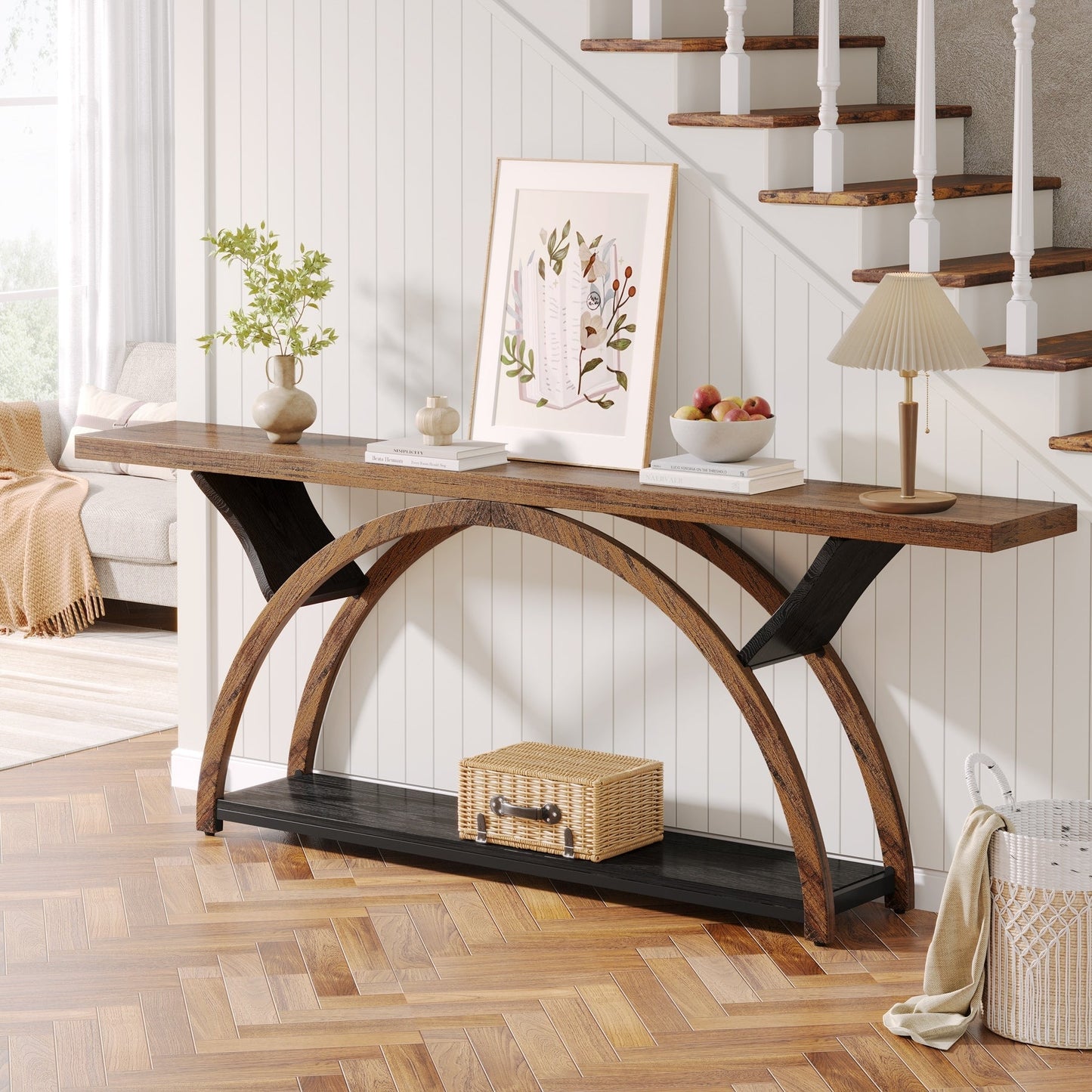 Table de console étroite et longue à 2 niveaux avec cadre semi-circulaire pour entrée, tables d'appoint de couloir grises