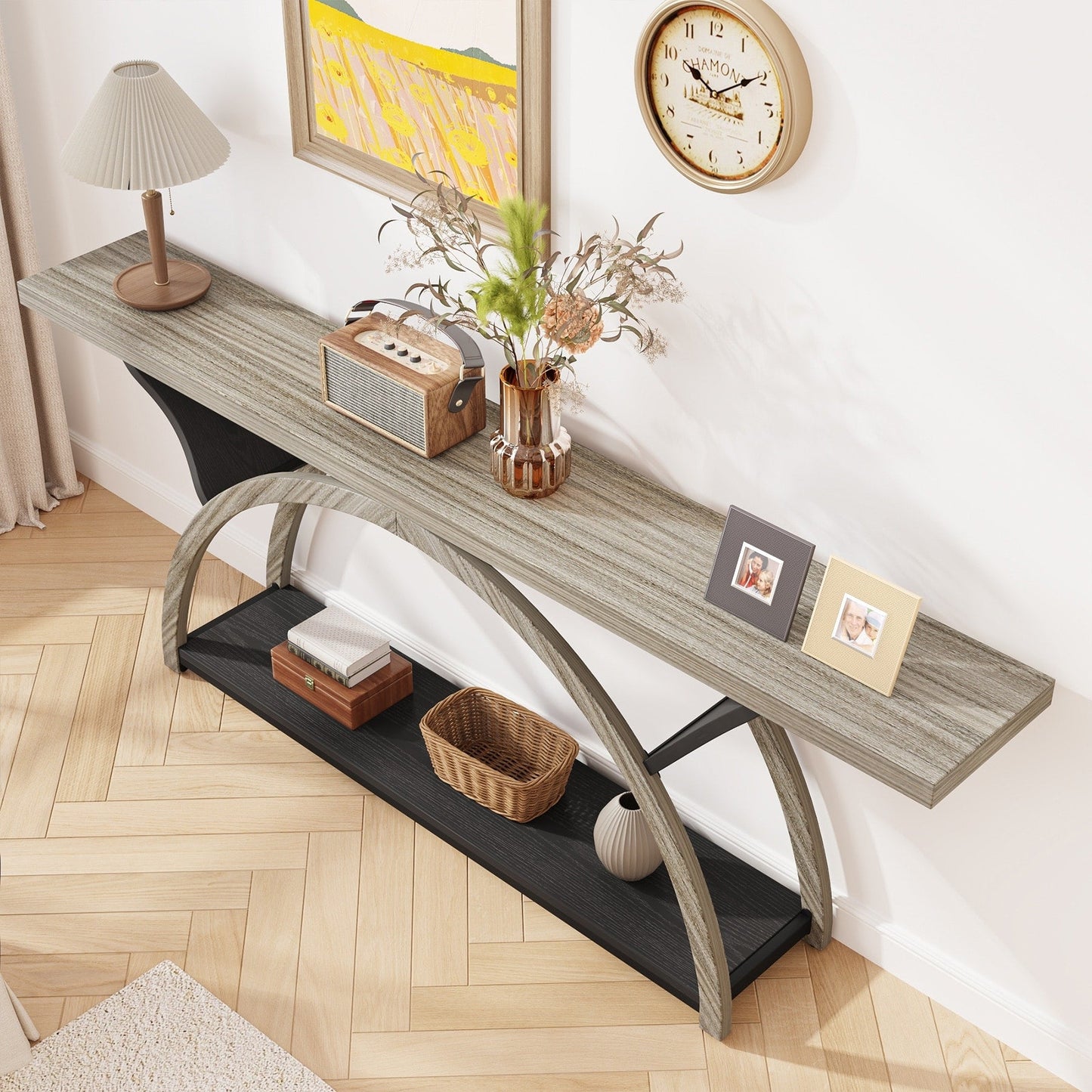 Table de console étroite et longue à 2 niveaux avec cadre semi-circulaire pour entrée, tables d'appoint de couloir grises