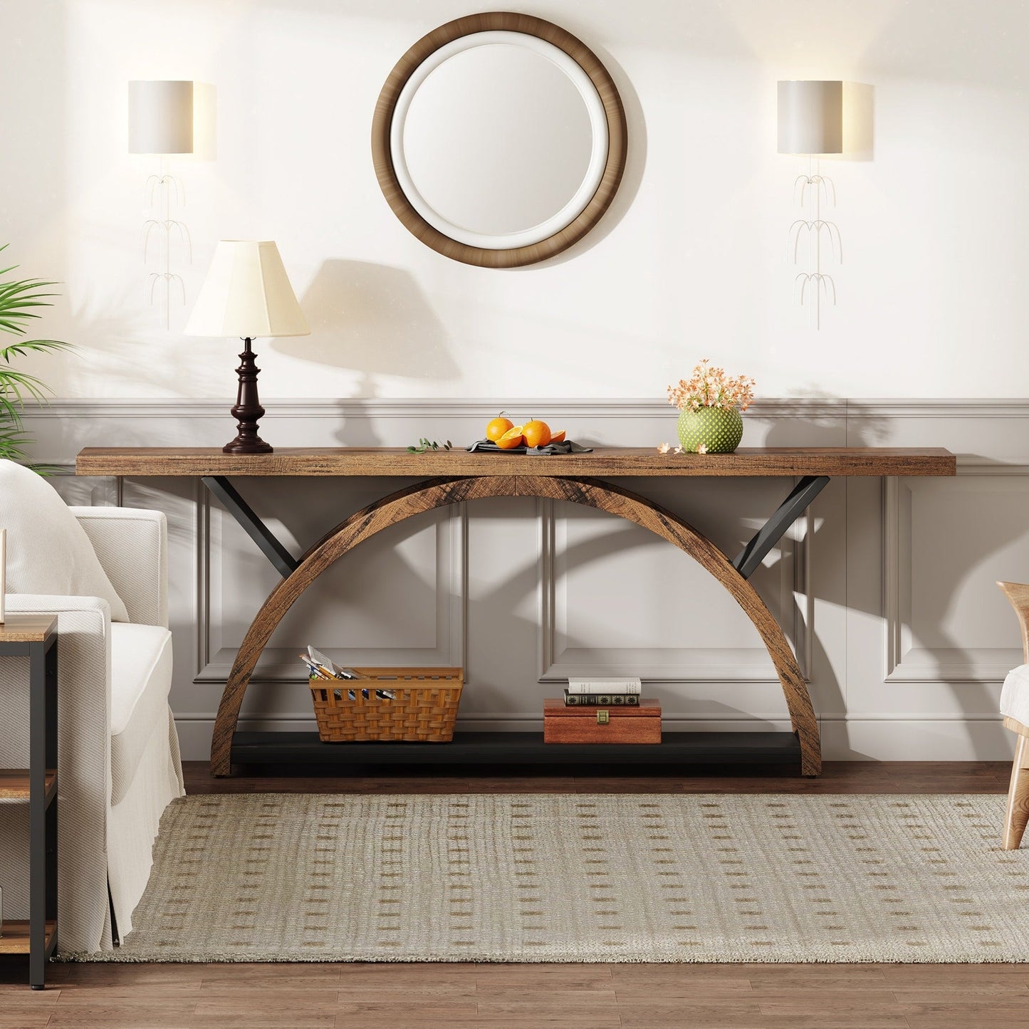 Table de console étroite et longue à 2 niveaux avec cadre semi-circulaire pour entrée, tables d'appoint de couloir grises