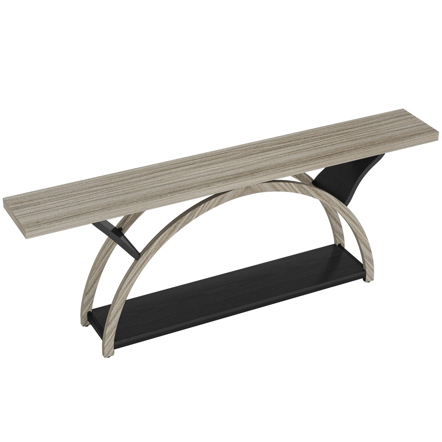 Table de console étroite et longue à 2 niveaux avec cadre semi-circulaire pour entrée, tables d'appoint de couloir grises