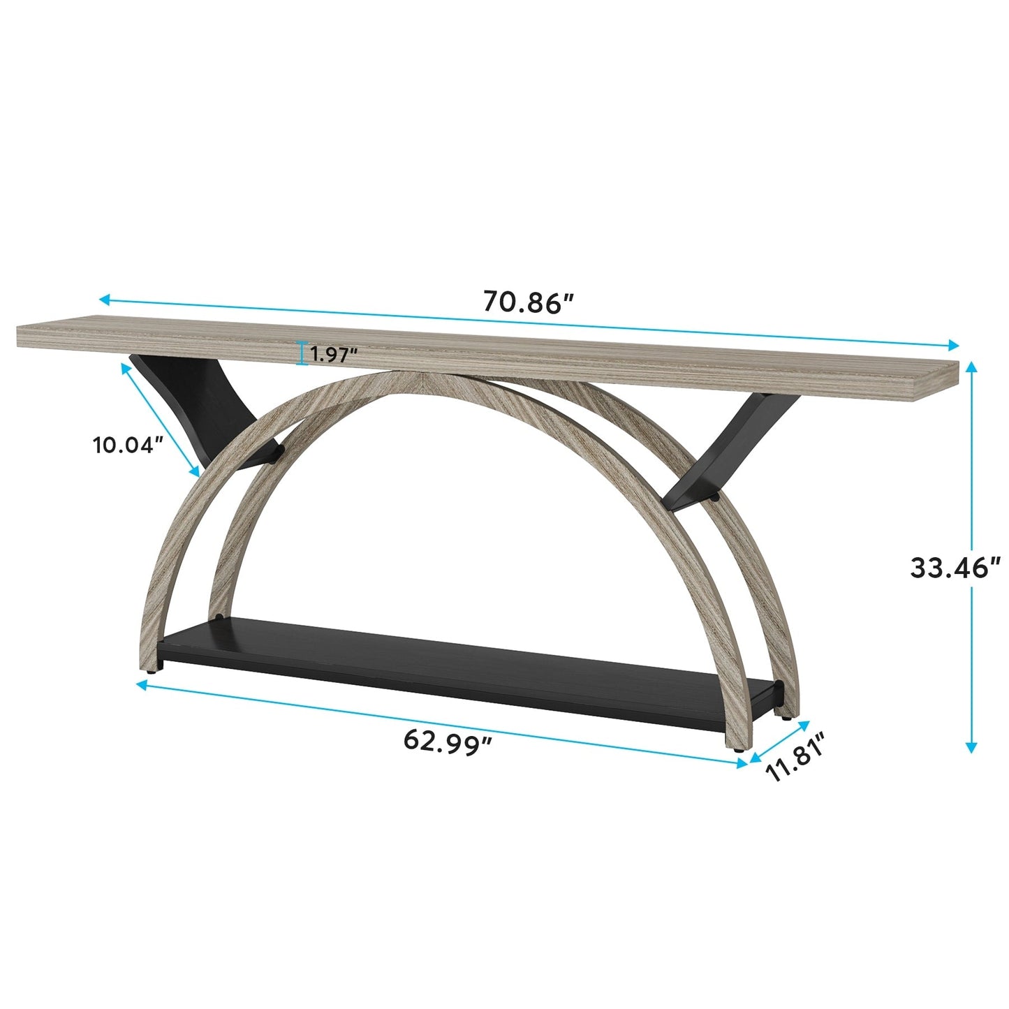 Table de console étroite et longue à 2 niveaux avec cadre semi-circulaire pour entrée, tables d'appoint de couloir grises