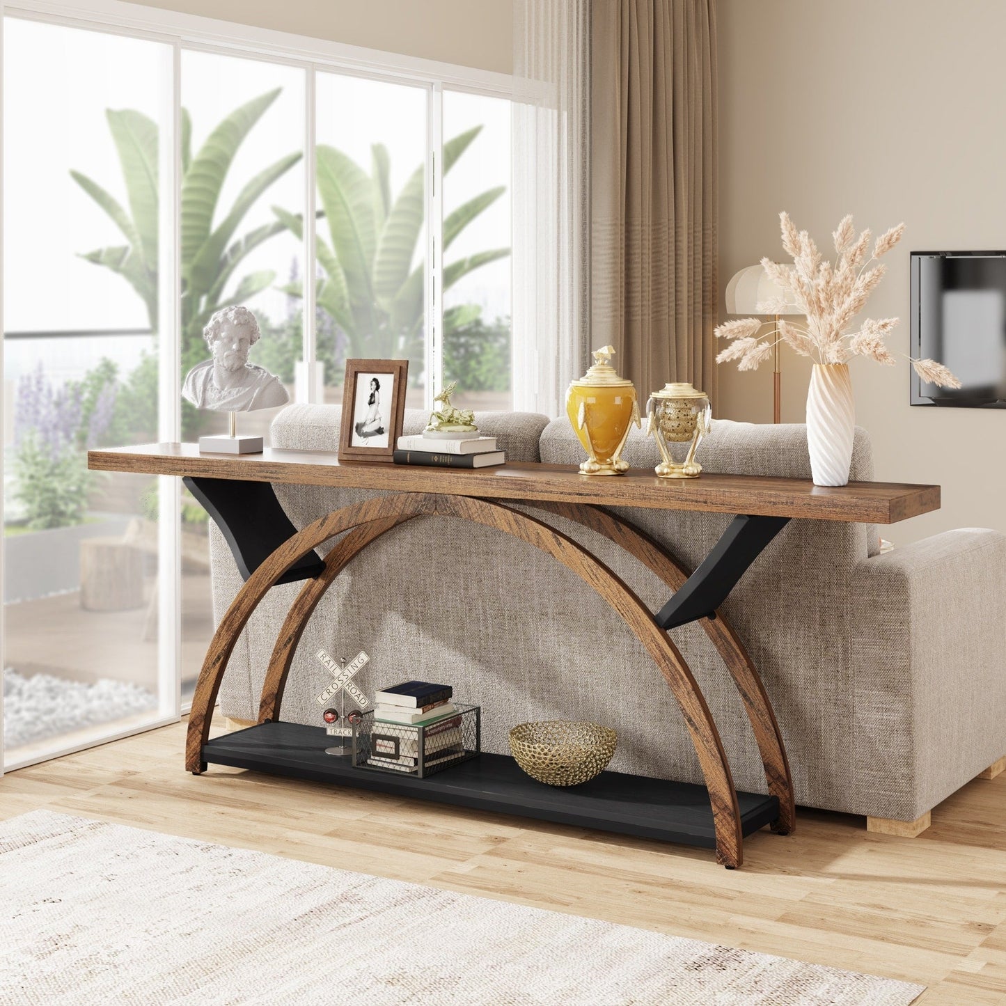 Table de console étroite et longue à 2 niveaux avec cadre semi-circulaire pour entrée, tables d'appoint de couloir grises