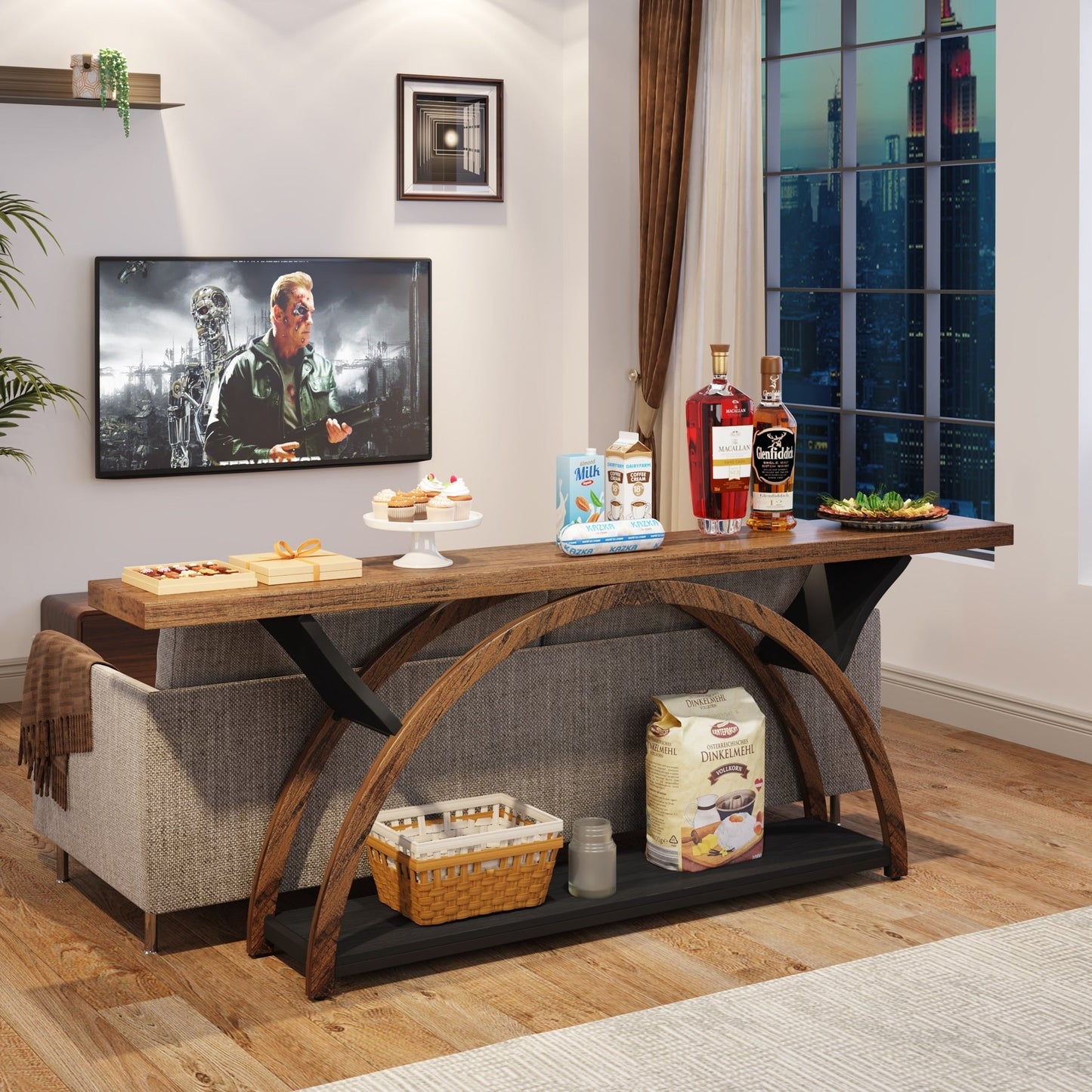 Table de console étroite et longue à 2 niveaux avec cadre semi-circulaire pour entrée, tables d'appoint de couloir grises