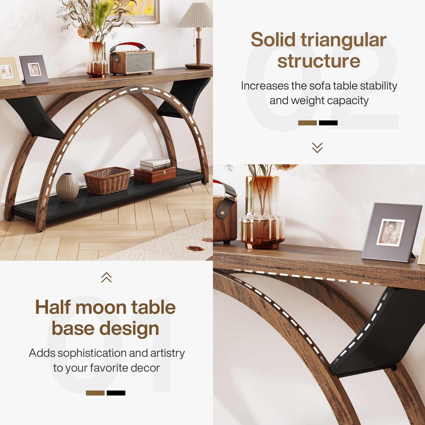 Table de console étroite et longue à 2 niveaux avec cadre semi-circulaire pour entrée, tables d'appoint de couloir grises