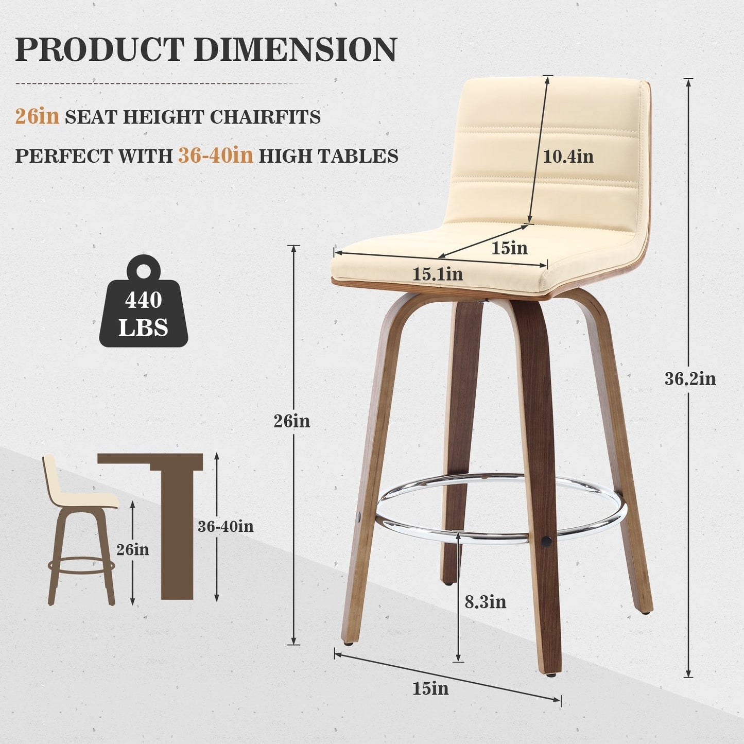 Tabourets de bar/hauts-sièges pivotants en simili cuir 26/29, lot de 2/3