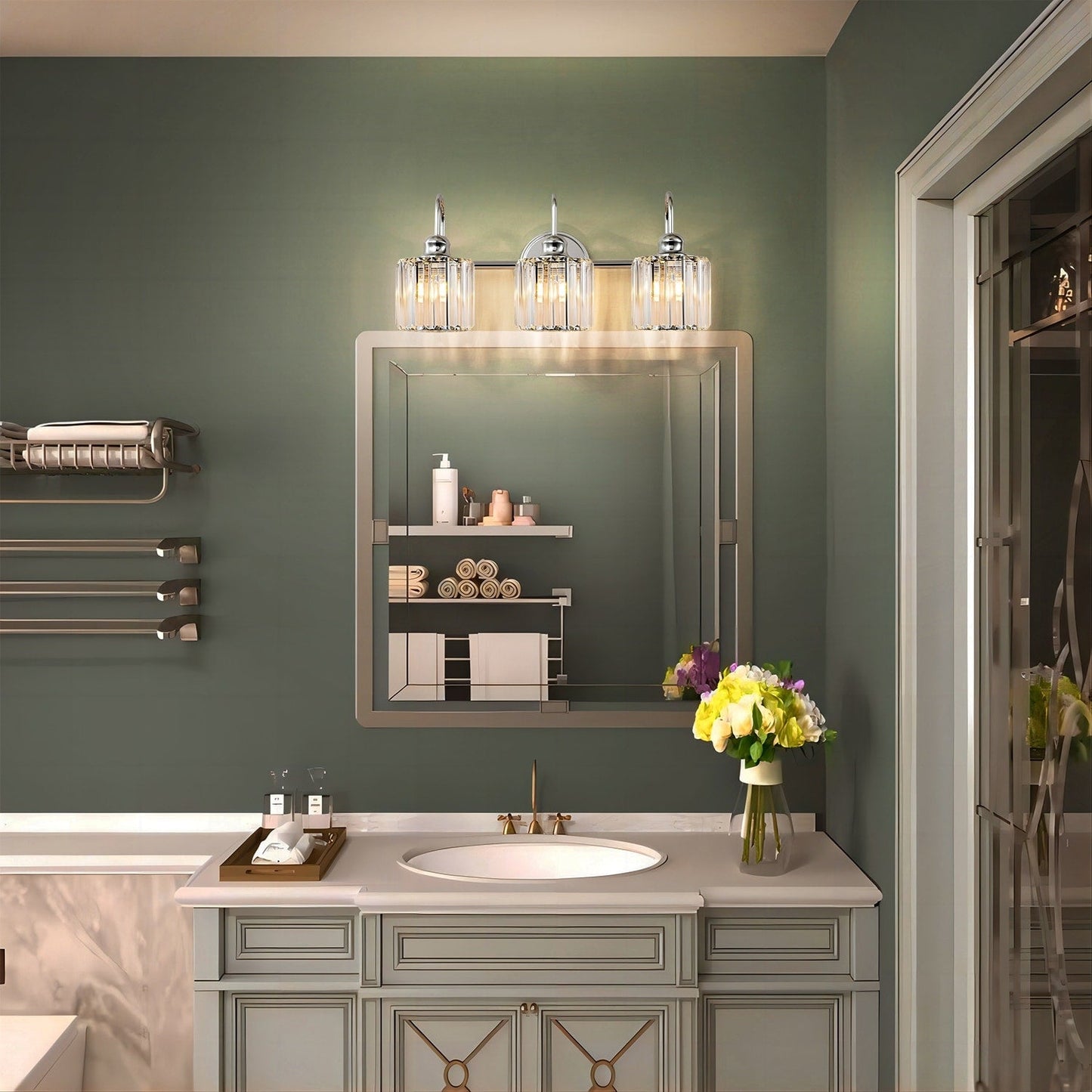 Éclairage de salle de bain moderne et élégant à 3/4 lumières, linéaire, à intensité variable, avec cristaux, à placer au-dessus du miroir.
