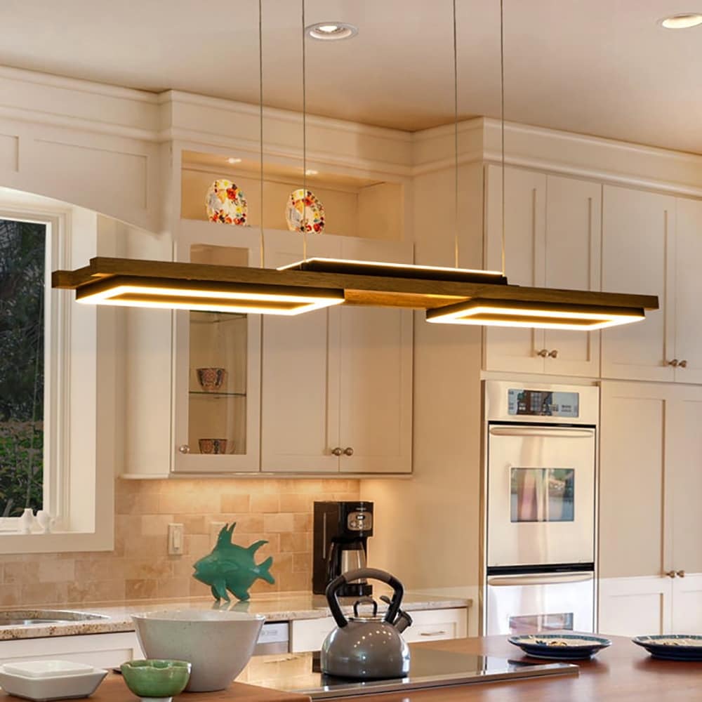 Suspension à LED intégrée linéaire en bois à 3/5 lumières pour îlot de cuisine