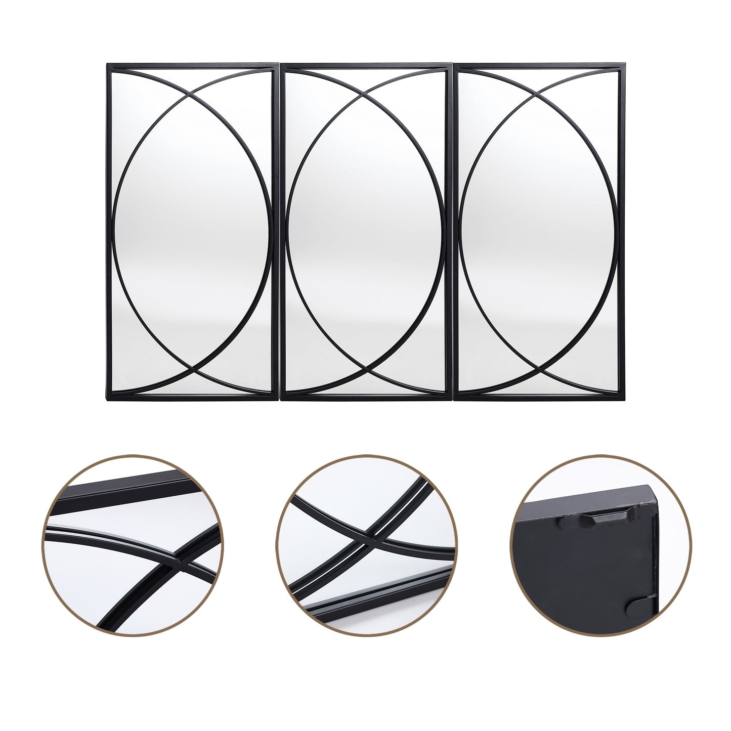 Ensemble de 3 miroirs rectangulaires muraux en métal noir - 80,5 H x 40 L x 1,9 l (cm)