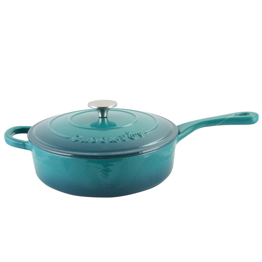 Poêle à frire en fonte émaillée de 3,5 quarts avec couvercle, dégradé turquoise.