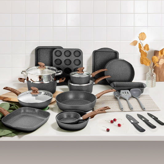 Ensemble de 30 pièces de cuisine en granit, comprenant des casseroles et des poêles antiadhésives.