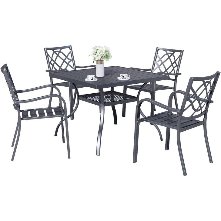 Table rectangulaire de jardin en métal à lattes avec trou pour parasol, 60 x 37 pouces, pour 6 personnes.