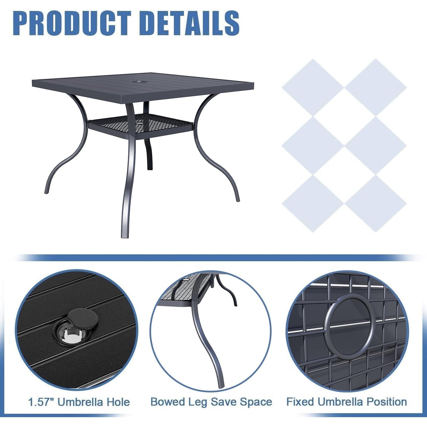 Table rectangulaire de jardin en métal à lattes avec trou pour parasol, 60 x 37 pouces, pour 6 personnes.