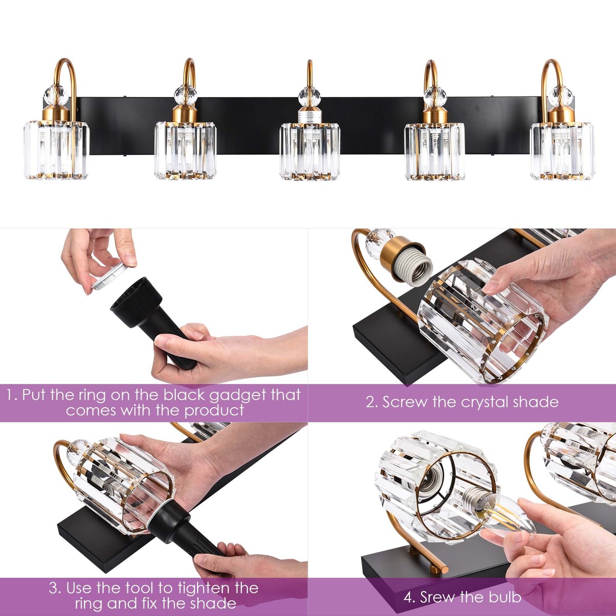 Chrome/ Noir/ Or Moderne Murale pour Salle de Bain et Toilettes, Lustre à Cristaux pour Miroir, Luminaire de Toilette, Eclairage de Vanité