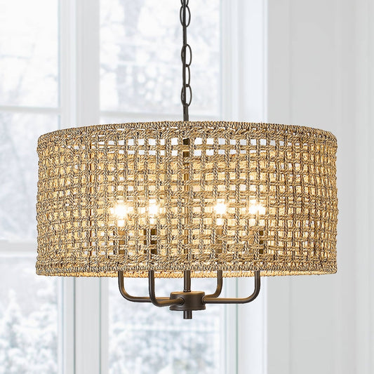 Luminaire suspendu bohémien en forme de tambour, tissé à la main, à 4 lumières - Paille - 50,8 cm de largeur