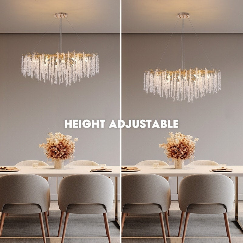 Luminaire rectangulaire moderne en cristal doré de 102 cm (40 po) avec branches d'arbre, idéal pour la salle à manger, la cuisine ou l'îlot central.