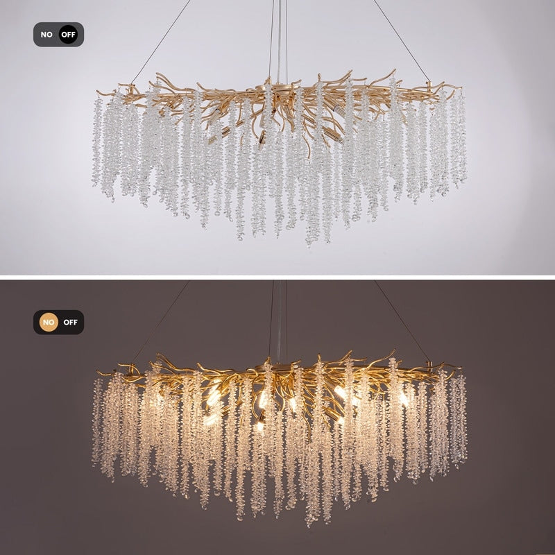 Luminaire rectangulaire moderne en cristal doré de 102 cm (40 po) avec branches d'arbre, idéal pour la salle à manger, la cuisine ou l'îlot central.