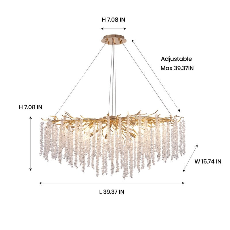 Luminaire rectangulaire moderne en cristal doré de 102 cm (40 po) avec branches d'arbre, idéal pour la salle à manger, la cuisine ou l'îlot central.