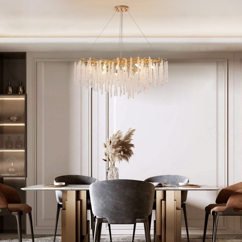 Luminaire rectangulaire moderne en cristal doré de 102 cm (40 po) avec branches d'arbre, idéal pour la salle à manger, la cuisine ou l'îlot central.