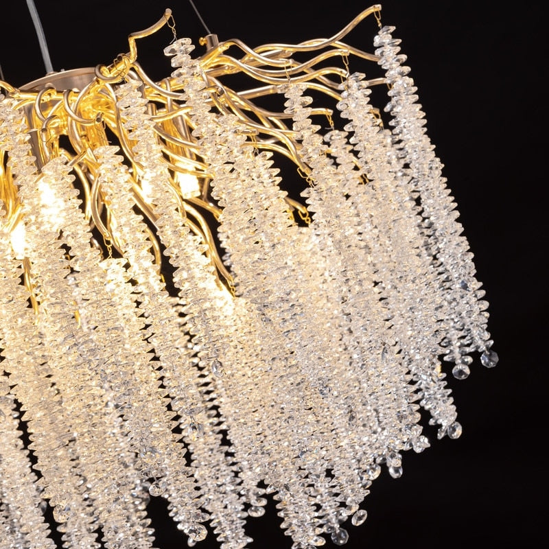 Luminaire rectangulaire moderne en cristal doré de 102 cm (40 po) avec branches d'arbre, idéal pour la salle à manger, la cuisine ou l'îlot central.