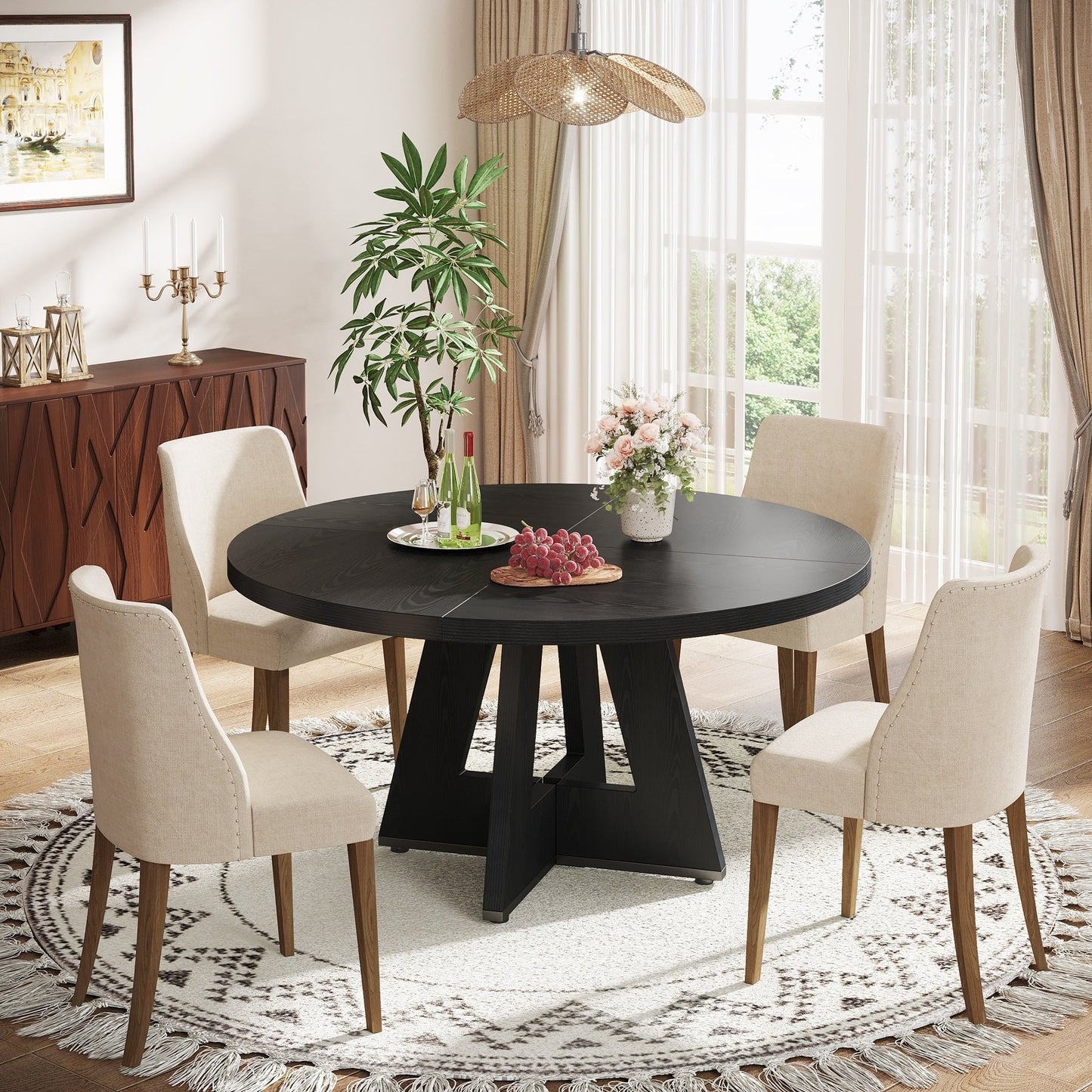 Table de salle à manger ronde de 47 pouces pour 4 personnes, table de cuisine de style farmhouse, petite table de repas en bois pour salle à manger et salon.