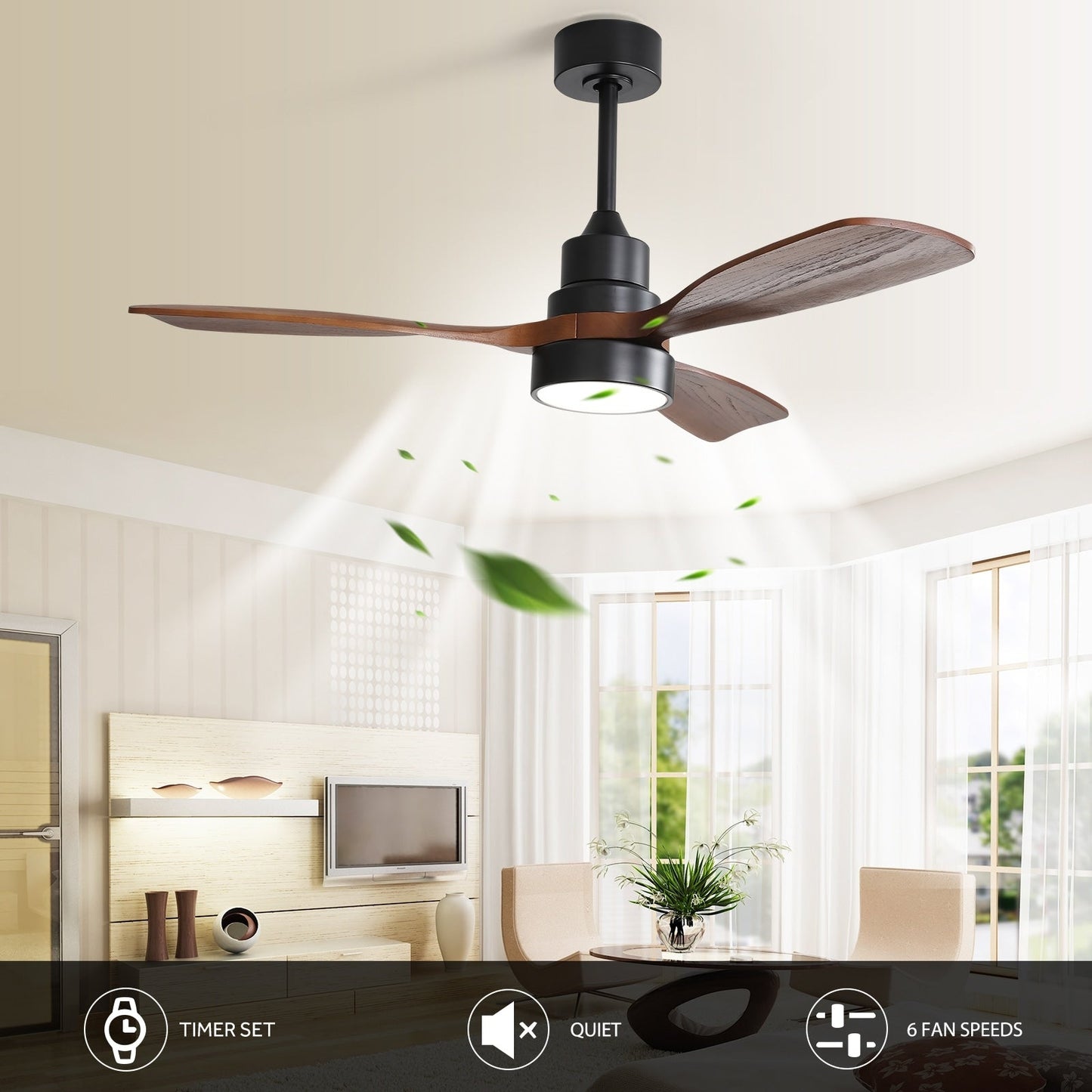 Ventilateur de plafond à LED intégré de 48 et 52 pouces avec lumière et télécommande, moteur à courant continu réversible.