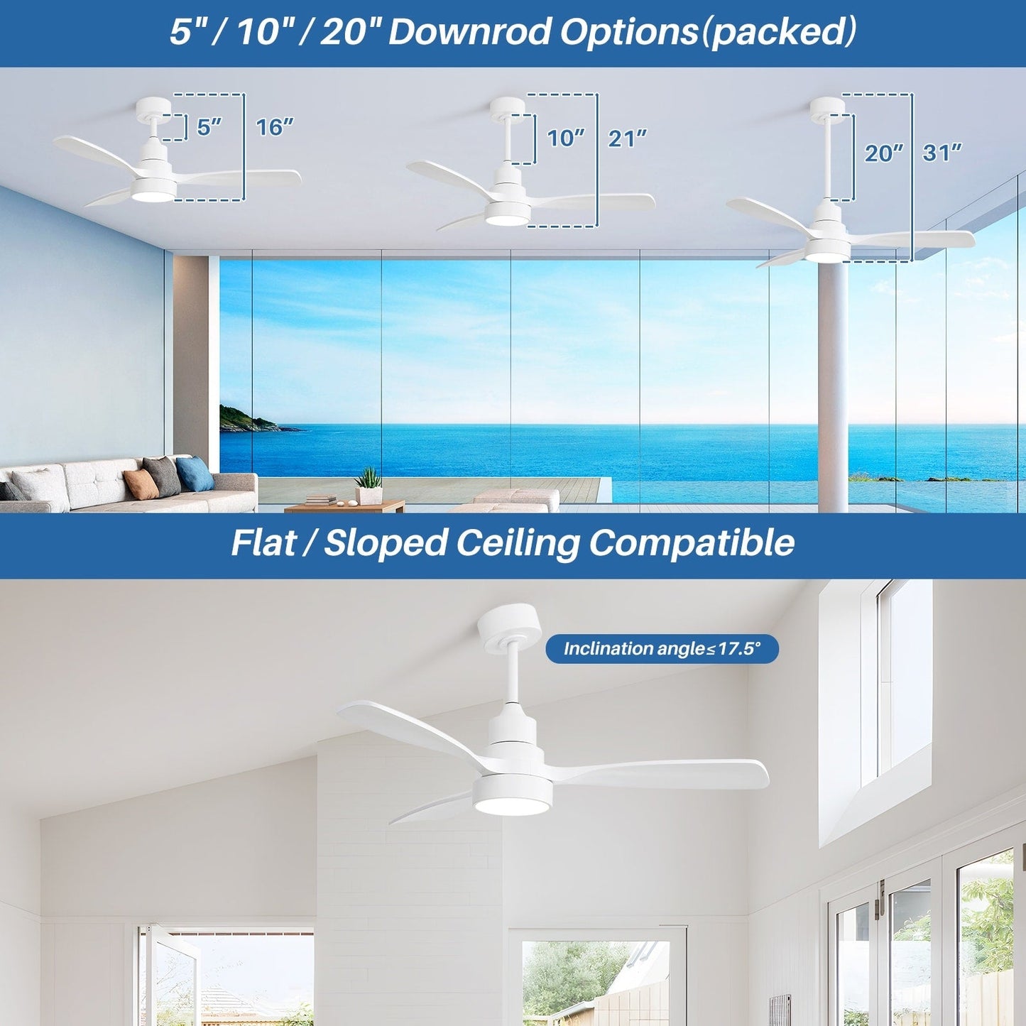 Ventilateur de plafond à LED intégré de 48 et 52 pouces avec lumière et télécommande, moteur à courant continu réversible.