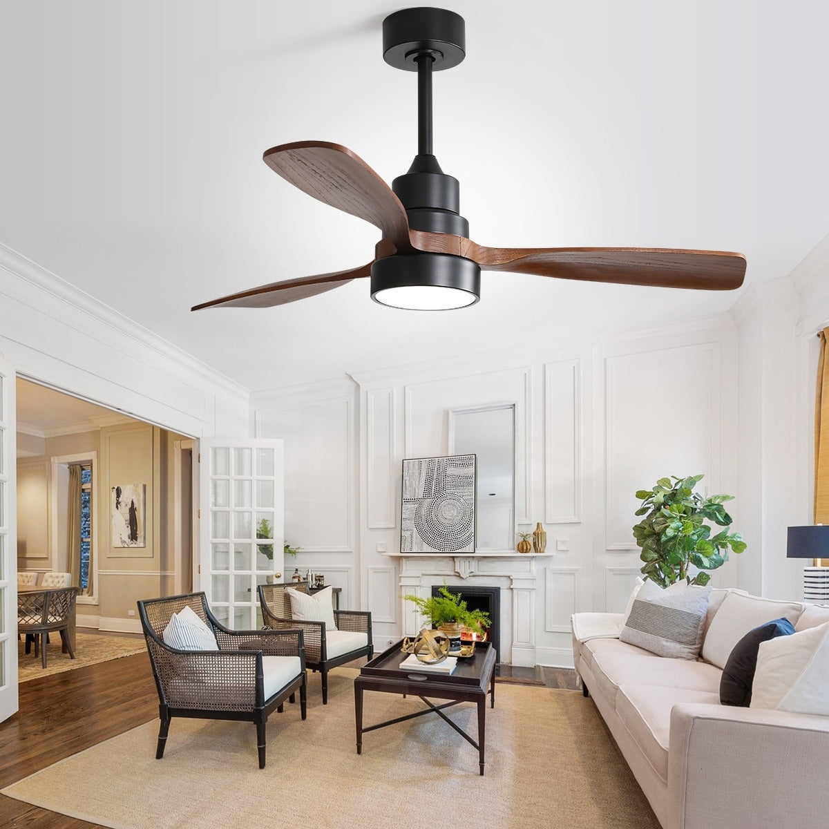 Ventilateur de plafond à LED intégré de 48 et 52 pouces avec lumière et télécommande, moteur à courant continu réversible.