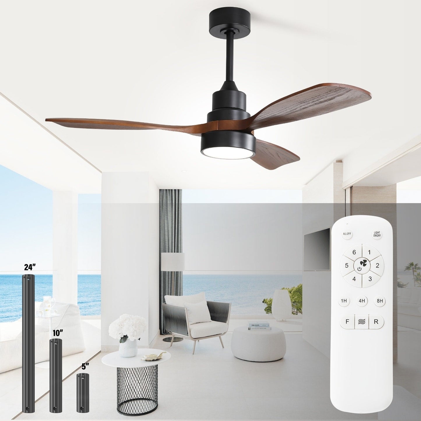 Ventilateur de plafond à LED intégré de 48 et 52 pouces avec lumière et télécommande, moteur à courant continu réversible.