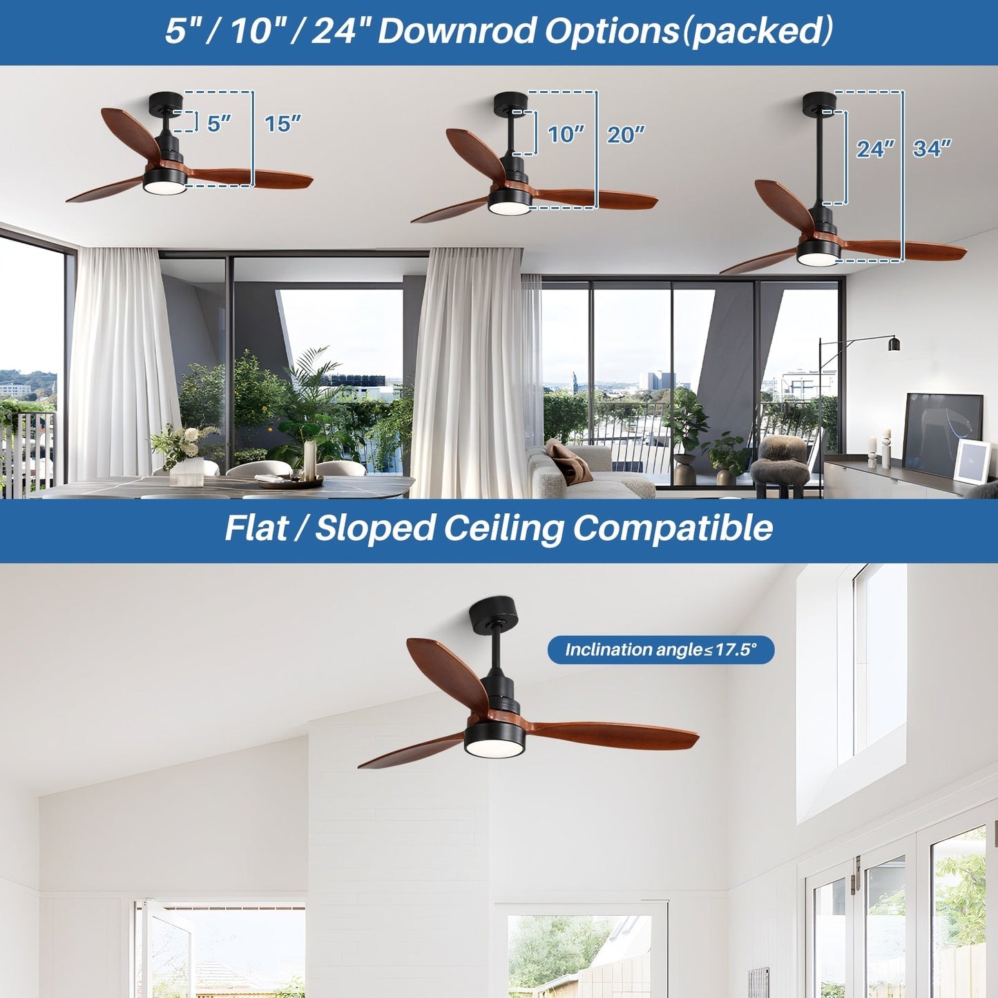 Ventilateur de plafond à LED intégré de 48 et 52 pouces avec lumière et télécommande, moteur à courant continu réversible.