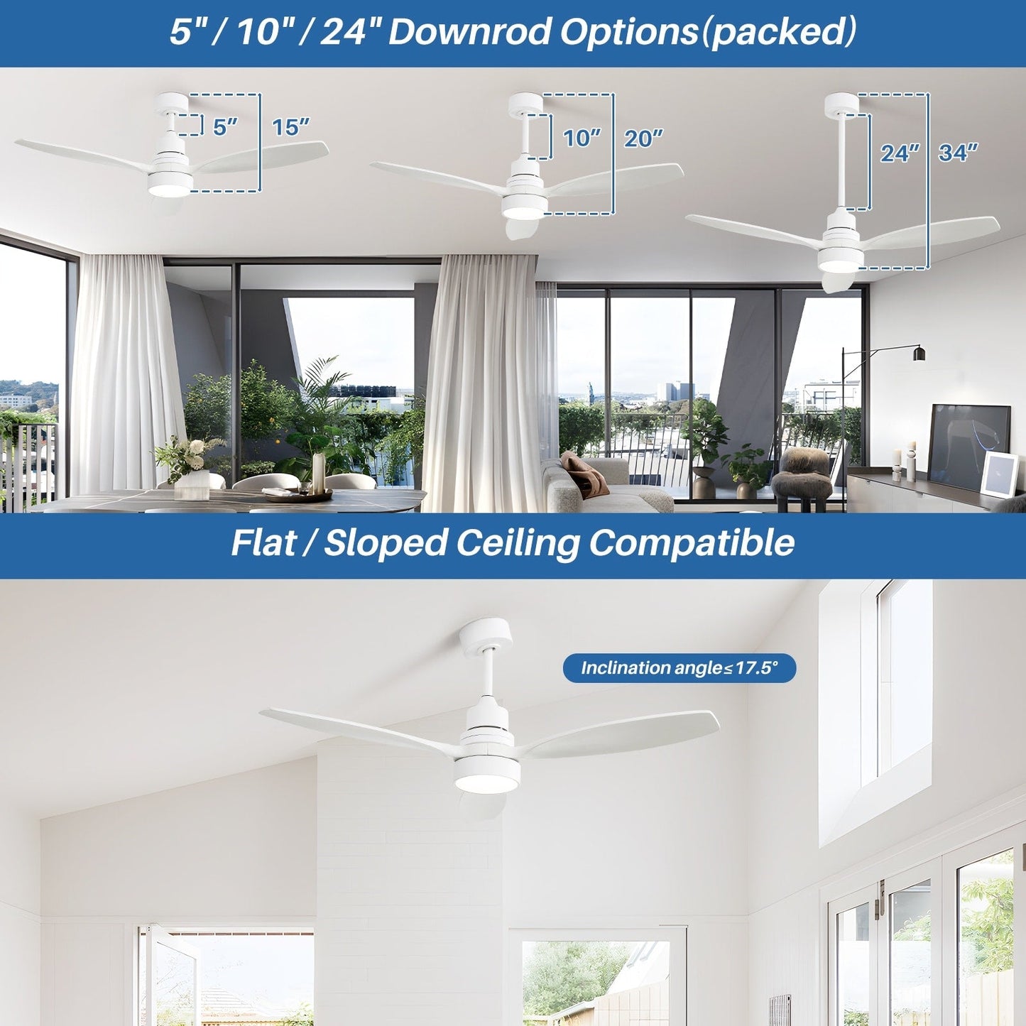 Ventilateur de plafond à LED intégré de 48 et 52 pouces avec lumière et télécommande, moteur à courant continu réversible.