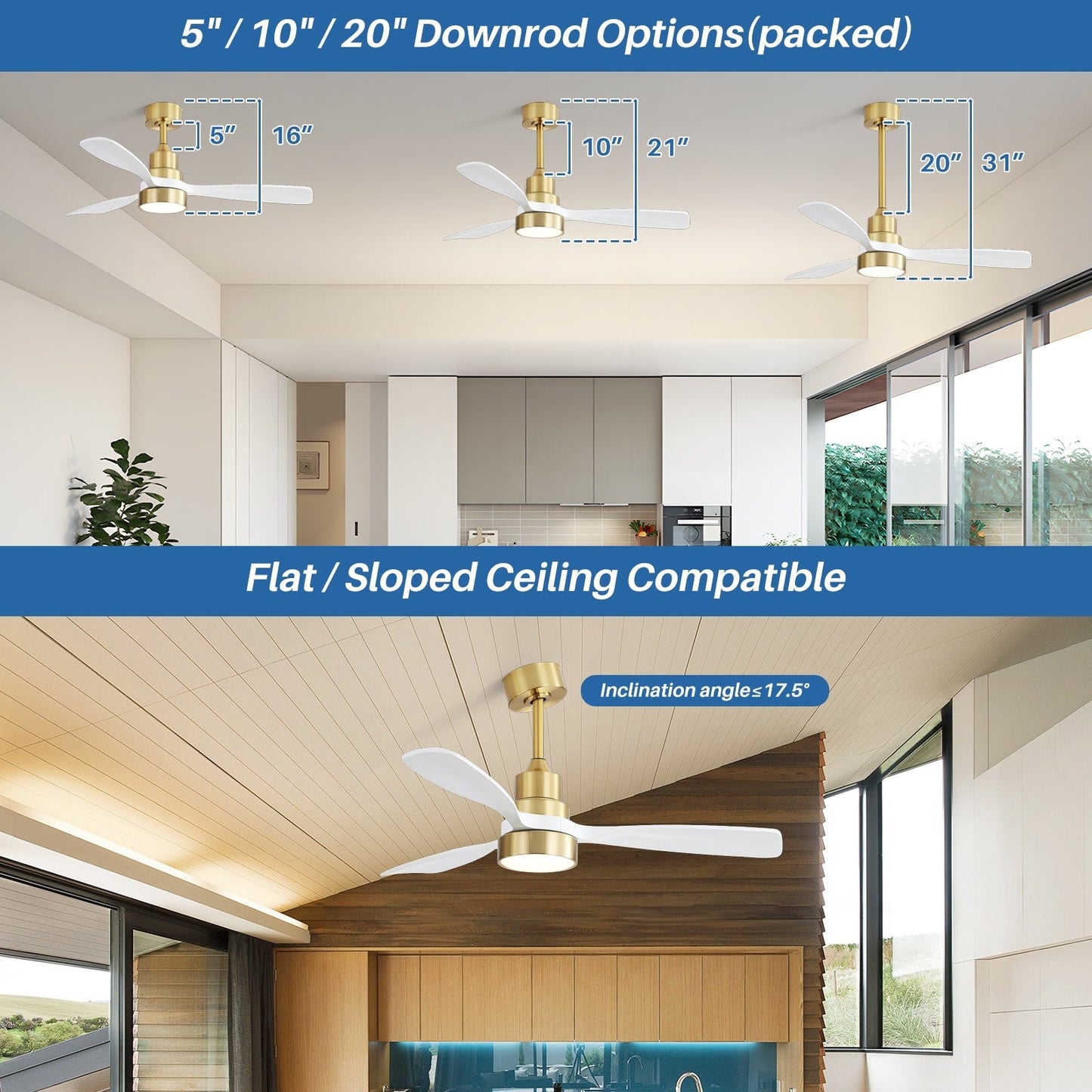 Ventilateur de plafond à LED intégré de 48 et 52 pouces avec lumière et télécommande, moteur à courant continu réversible.