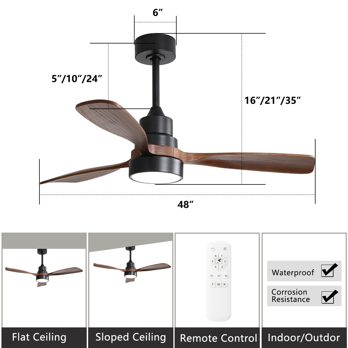 Ventilateur de plafond à LED intégré de 48 et 52 pouces avec lumière et télécommande, moteur à courant continu réversible.