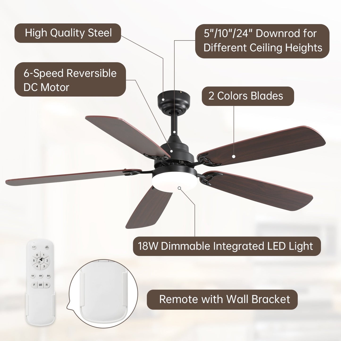 Ventilateur de plafond à LED intégré de 48 et 52 pouces avec lumière et télécommande, moteur à courant continu réversible.